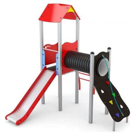 Torretta Con Scivolo Gioco Per Parchi Completo Di Arrampicata Con Corda, Scala A Pioli Curva E Ponte A Tunnel