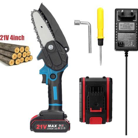 Mini-Akku-Kettensäge (4 Zoll), Bürstenmotor, 2 x 1200 mAh Akku, für den Garten (1/5)