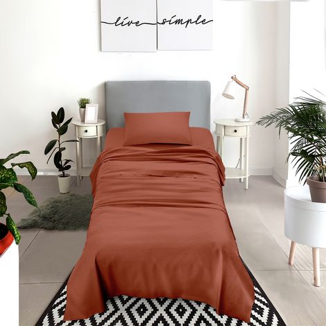 Set Lenzuola 100% Cotone Di Flanella Completo Letto Made In Italy Anti-Pilling Tinta Unita Lenzuolo Sopra Sotto Federe  Terra - Singolo