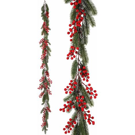 Guirlande festonnée de Noël avec branches de pin artificiel et baies rouges, 1,80 m