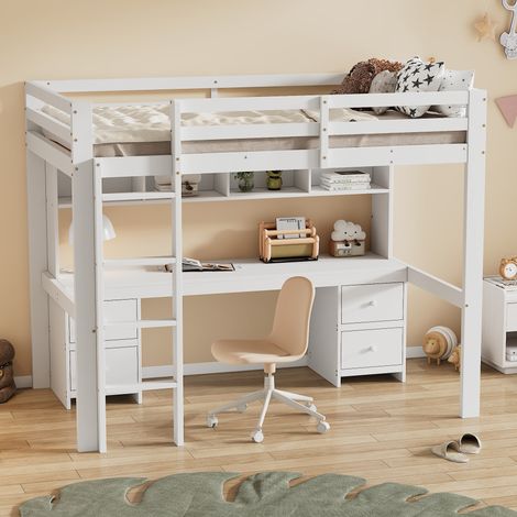 Letto a soppalco, lettino per bambini, letto superiore, tavolino, ampio spazio di stivaggio, ringhiera alta, scala stabile, bianco, 90 x 200 cm