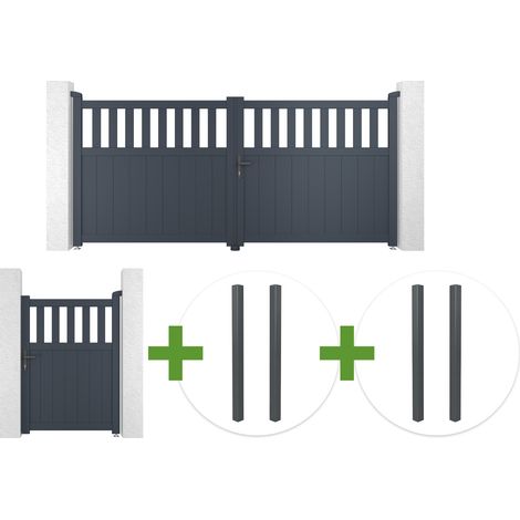 Portail battant 3m SANTIS H.140cm aluminium gris + 4 poteaux ELDA + Portillon 1m SANTIS H.140cm aluminium gris (1/5)