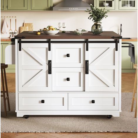 Îlot de cuisine mobile 142.5x73x92.5 cm blanc en MDF avec plateau rabattable et rangement (1/5)