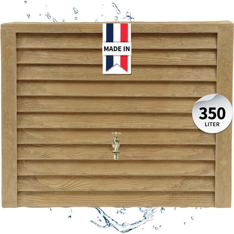 Garantia – Récupérateur d'eau de pluie mural 350L – Cuve en plastique recyclé – 3 raccords laiton 19mm – Design bois clair pour extérieur