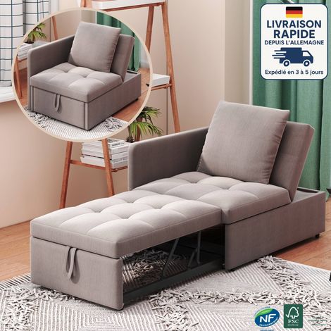 Sofá cama para una persona - Reclinación ajustable - Lino - Respaldo ajustable en cinco posiciones - Diseño convertible 3 en 1 - Morado y gris (1/4)