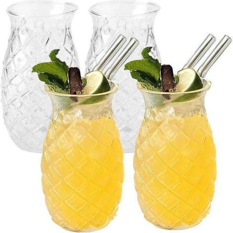 Verre À Ananas - Verre À Cocktail 480 Ml - Motif Relief Ananas - Hauteur 14,8 Cm - Diamètre 7,4 Cm - Lot De 4 (1/4)
