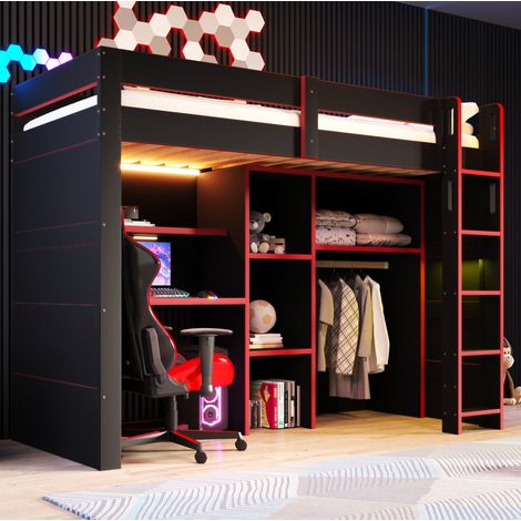 Cama alta infantil 90x200 cm con escritorio, armario abierto, compartimento de almacenaje y LED, estructura de MDF y contrachapado negro/rojo (1/5)