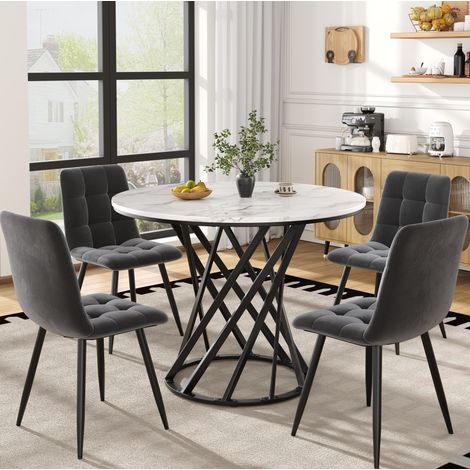 Esstisch-Set (5-teilig), modernes Esstisch-Set (mit 4 Stühlen), Küchen-Esstisch-Set, runder Küchentisch mit 80 cm Durchmesser und schwarzen Metallbeinen, weiße MDF-Tischplatte, Samtstühle (1/5)
