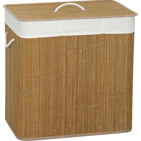 Panier à linge bambou 3 compartiments 144 L avec couvercle, sac lavable et poignées, structure métal, brun - CHICFURN (1/5)