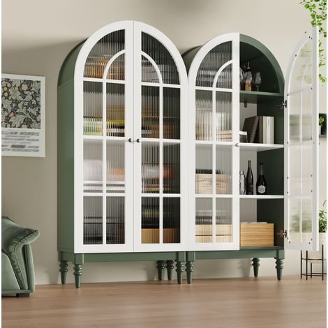 Set de 2 vitrinas 76x38,5x165 cm con puertas de vidrio estriado, 3 estantes, MDF verde y metal (1/5)