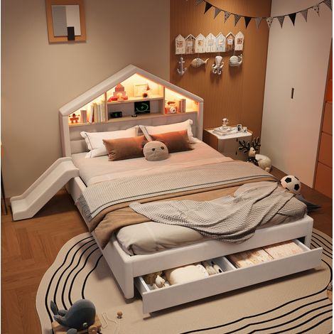 Letto per bambini 140x200 cm beige in velluto con scivolo reversibile, LED e contenitore (1/5)