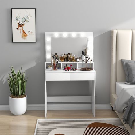 Blanche - Coiffeuse maquillage avec miroir et 10 LED 3 couleurs, 2 tiroirs et 3 compartiments, rangement cosmétiques, chambre, 80x40x135 cm