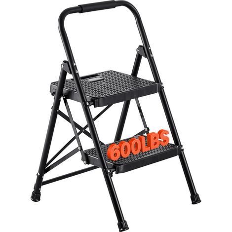 Escabeau Pliant 2 Marches Marchepied Pliable Charge 272 kg Échelle Domestique en Acier pour Cuisine, Bureau, Travaux Ménagers, avec Large Marche Antidérapante, Poignée, Léger et Portable, Noir (1/5)