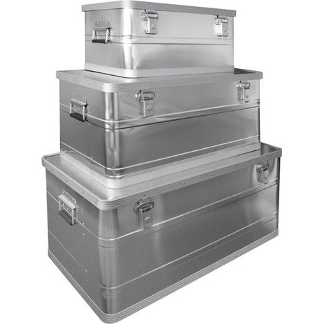 Dema – Ensemble de 3 cantines aluminium 45/90/140L – Résistantes avec fermetures et poignées – Accès pratique au contenu – Pour chantiers humides