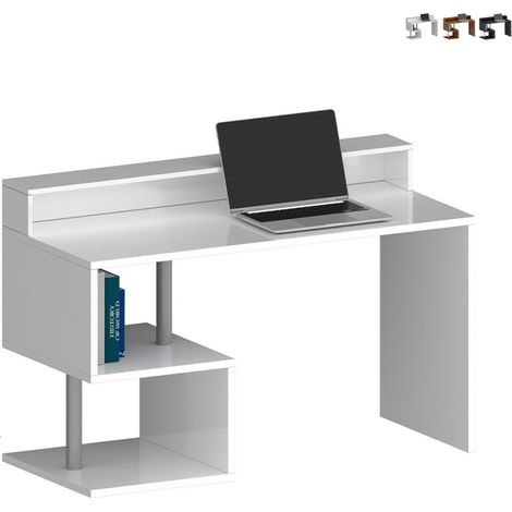 Elegante escritorio de oficina moderno 140x60x92,5cm Esse 2 Plus con tablero estantería - Blanco brillante (1/5)
