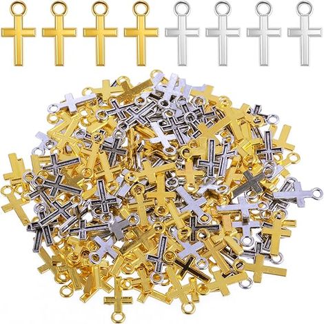 Lot de 200 pendentifs en forme de croix en métal, perles argentées et dorées de 15 x 7 mm avec petit trou, pour la création de bijoux et autres loisirs créatifs. Idéal pour offrir. (1/5)
