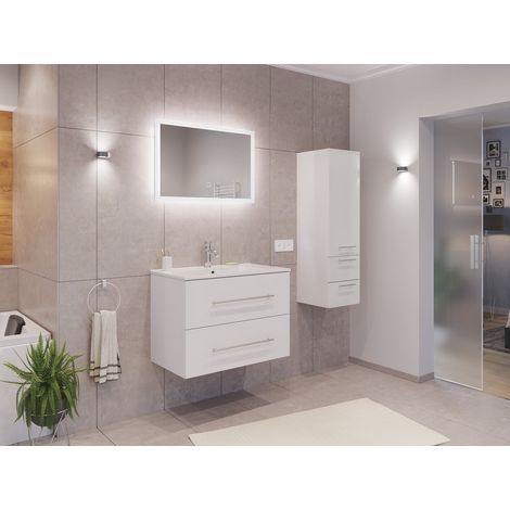 Badmöbel Set Firenze 80 3tlg. LED Spiegel und Seitenschrank weiß hochglanz