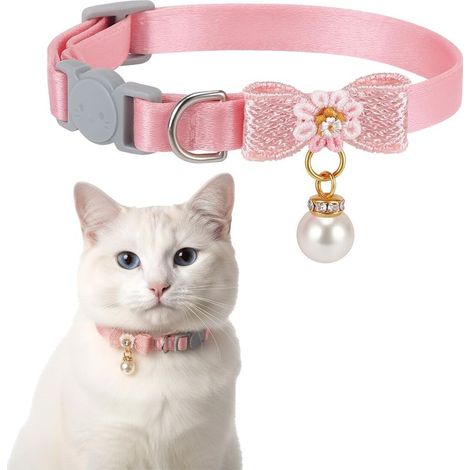 Adjustable Pink Cat Collar with Pearl Pendant,Cute Cat Collar with Safety Buckle and Pink Bow Tie for Kitten (1/5)