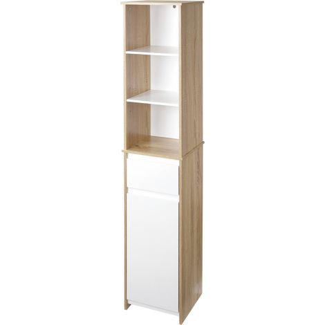 Meuble colonne rangement salle de bain 3 niches tiroir placard étagère blanc chêne clair 60x30x180 cm