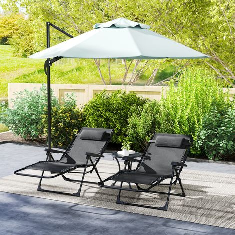 Lot de 2 bain de soleil, chaise longue pliante inclinable avec appuie-tête en textilène, 90 x 65 x 112 cm, noir