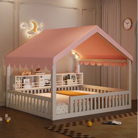 Cama infantil tipo casita 140x200 cm blanca de madera con dosel, LED, estantería y barrera (1/5)
