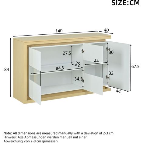 Armoire salon 140x40x84 cm brillante,4 compartiments,bande LED latérale,portes verre trempé pour salon et couloir. (1/5)
