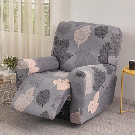 Funda elástica para sillón reclinable individual, estampado floral gris, juego de 4 piezas con bolsillos. (1/4)