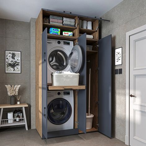 Dora Washer and Dryer Stacker Cabinet with Double Doors, Pull Out Basket Shelf, Overhead Storage and Side Utility Cupboard, Oak Effect and Anthracite