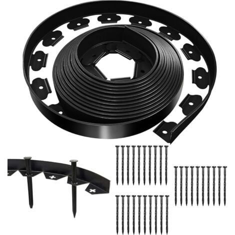 Bordure de pelouse flexible noire 10 m x 5 cm avec 30 clous de fixation, bordure de jardin extérieure en plastique, bordure de jardin en rouleau (1/5)