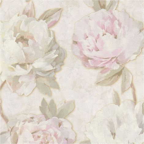 Papel pintado floral Profhome 791671 papel pintado vinílico estampado en caliente tejido non tejido ligeramente texturado con ornamentos florales mate crema rosa verde pálido beige 5,33 m2