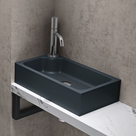 doporro Lavabo Vasque à Poser Lave Mains en Solid Surface Colossum 101 Rectangulaire Gris Noir Mat pour Toilettes invitées 46x26x11 cm (1/5)
