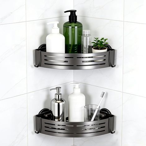 Support de Douche d'Angle 2 Etages avec Ventouses Lot de 2 Etagères d'angle en Aluminium Améliorées Organiseur de Salle de Bain Amovible Rangement Mural pour Cuisine Caddies de Salle de Bain (1/5)