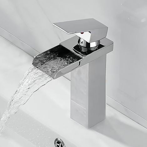Robinet cascade noir pour salle de bain, mitigeur lavabo haut style chute d'eau. En laiton, commande unique, bec élevé, design contemporain pour une salle de bain moderne. (1/5)