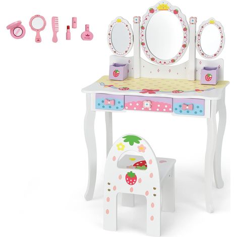 COSTWAY Set Tocador con Espejo Tripartido para Niños/Set Mesa Tocador y Silla para Niños con 3 Cajones, 2 Caja/Mesa de Maquillaje con Taburete (Blanco) (1/5)