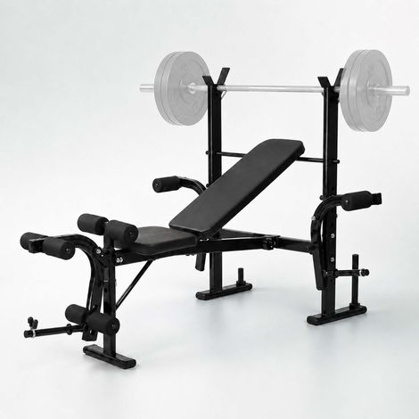 Relaxdays Banco de pesas multifuncional, soporte barra, butterfly, extensor de piernas, ajustable, plegable, acero negro (1/5)