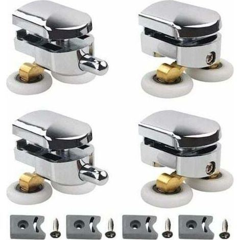 Accessoires pour roulettes de porte, roulettes doubles - pour portes de douche coulissantes, 2 roulettes Salle de bains en alliage de zinc diamètre 25 mm, avec butoirs et éléments de fixation, lot de (1/3)