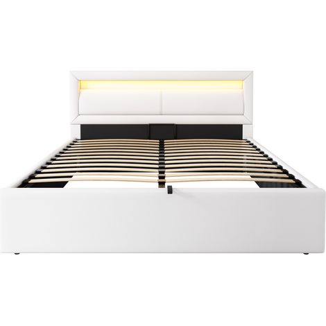 Cama acolchada LED 140 x 200 cm con somier y arcón, cabecero iluminado, blanco, PU (1/5)