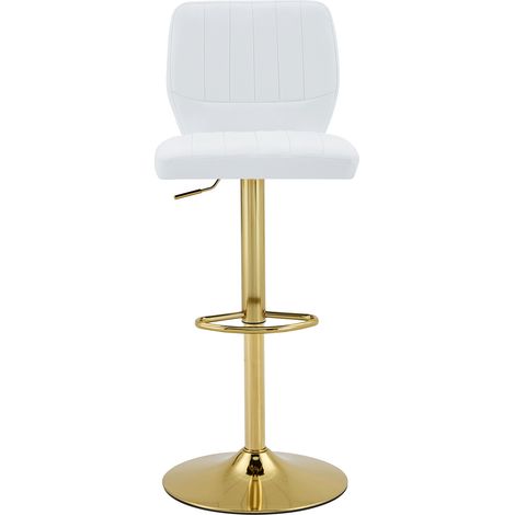 Tabouret de bar réglable en hauteur 62-83cm, chaise pivotante 360° avec dossier et repose-pieds, tabouret de cuisine ergonomique en similicuir, capacité de charge jusqu'à 136kg, Blanc-Or (1/5)