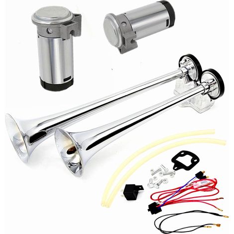 Klaxon à air Car Horn 165DB klaxon de voiture haut et bas 24V double tube trompette klaxon de camion argent chromé zinc avec deux pompes à air de compresseur klaxon pour 24V bateau camion ect (1/5)