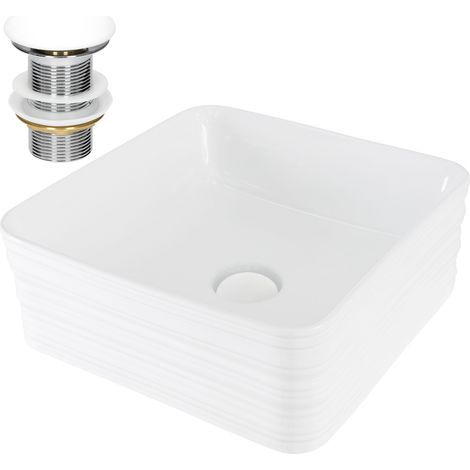 ML-Design Waschbecken Keramik Weiß 39x39x15 cm Quadratisch mit Ablaufgarnitur, Moderne Aufsatzwaschbecken, Design Waschtisch Aufsatz-Waschschale Waschplatz Handwaschbecken, für das Badezimmer/Gäste-WC
