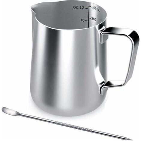 Stainless Steel Milk Jug, 350ml Freehand Coffee Milk Jug Milk Pitcher Jug Cup with Measurement Mark and Latte Art Pen, Milk Pitcher Carafes for Creating Barista Cappuccino Espresso (1/4)
