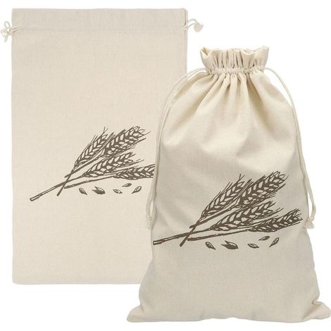Lot de 2 sacs à pain réutilisables, 45 x 30 cm, en lin pour aliments faits maison, cire d'abeille, cordon de serrage, imprimé blé (1/5)