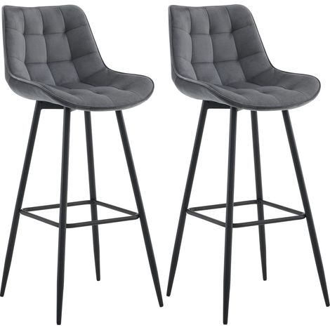 Juego de 2 taburetes de bar con costuras decorativas cuadradas y reposapiés de terciopelo gris oscuro cuatro patas de metal 100006217
