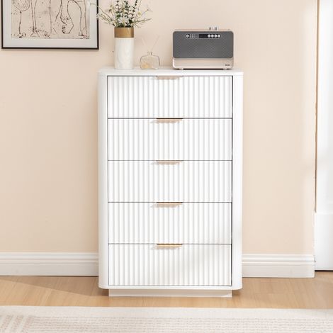 Commode en MDF blanc avec 5 tiroirs, poignées en métal, glissières à fermeture amortie (1/5)