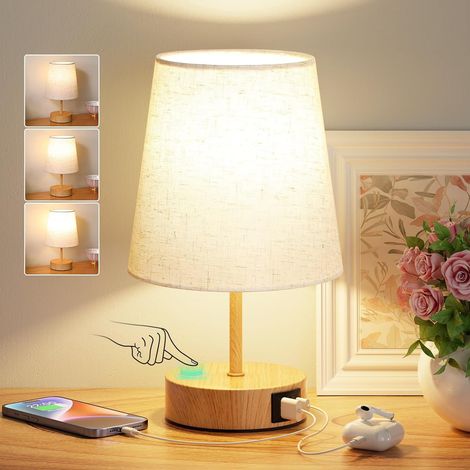 Lampe de Chevet Tactile avec Ports de Charge USB-C+A, Intensité Variable à 3 Voies, Abat-jour en Lin, Petite Lampe de Table pour Chambre Salon D'enfant Bureau(Ampoule Incluse) (1/5)