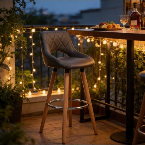 Taburete de bar moderno en polipiel gris, patas de madera, altura de asiento 68 cm DESVIAE (1/5)