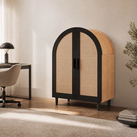 Scarpiera a 2 ante con 3 ripiani regolabili, porte effetto rattan, nero e legno DESVIAE (1/5)