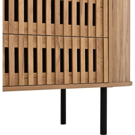 Buffet 160 x 40 x 70 cm 6 tiroirs design à lamelles creuses structure en mdf pieds en métal charge maximale 70 kg aspect bois