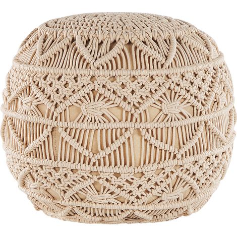 Puf de punto de algodón beige reposapiés trenzado redondo de crochet grueso Kayseri (1/5)