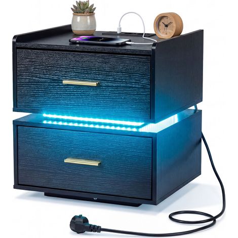 Table de Chevet avec Station de Charge, Table de Nuit LED avec 2 Tiroirs, Bout de Canape Semi-Flottante avec Base Métallique, 45 x 40 x 48 cm, Noir (1/5)